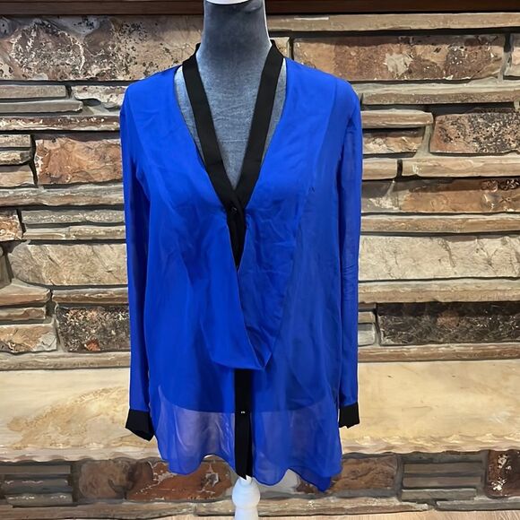 Robert Rodriguez Sheer Silk Blue and Black Long Sleeve Blouse - Picture 1 of 8